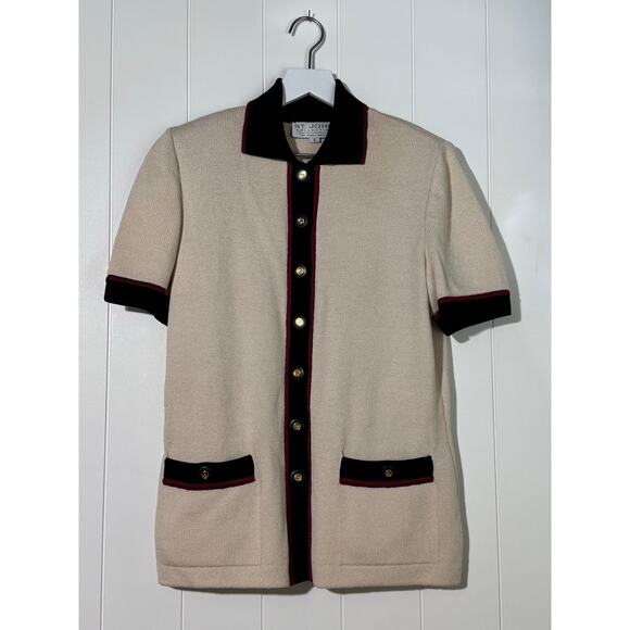 ST. JOHN Collection Womens Cardigan Short Sleeve Cream Flaw Black Size Small - Picture 1 of 9